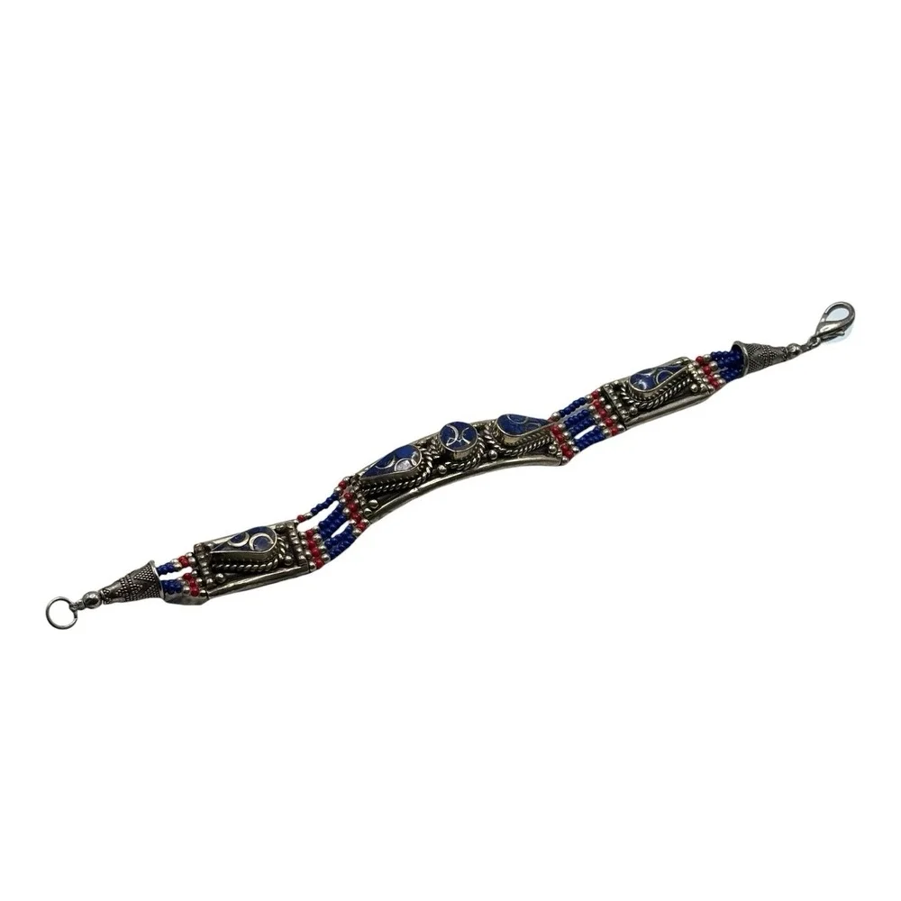 Silver Tone Bracelet Blue Inlay Multi Strand Seed Bead 7